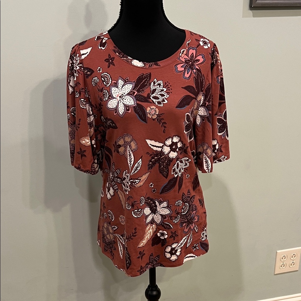 Maurices Floral Print Short Flutter Sleeve Tee - Rust